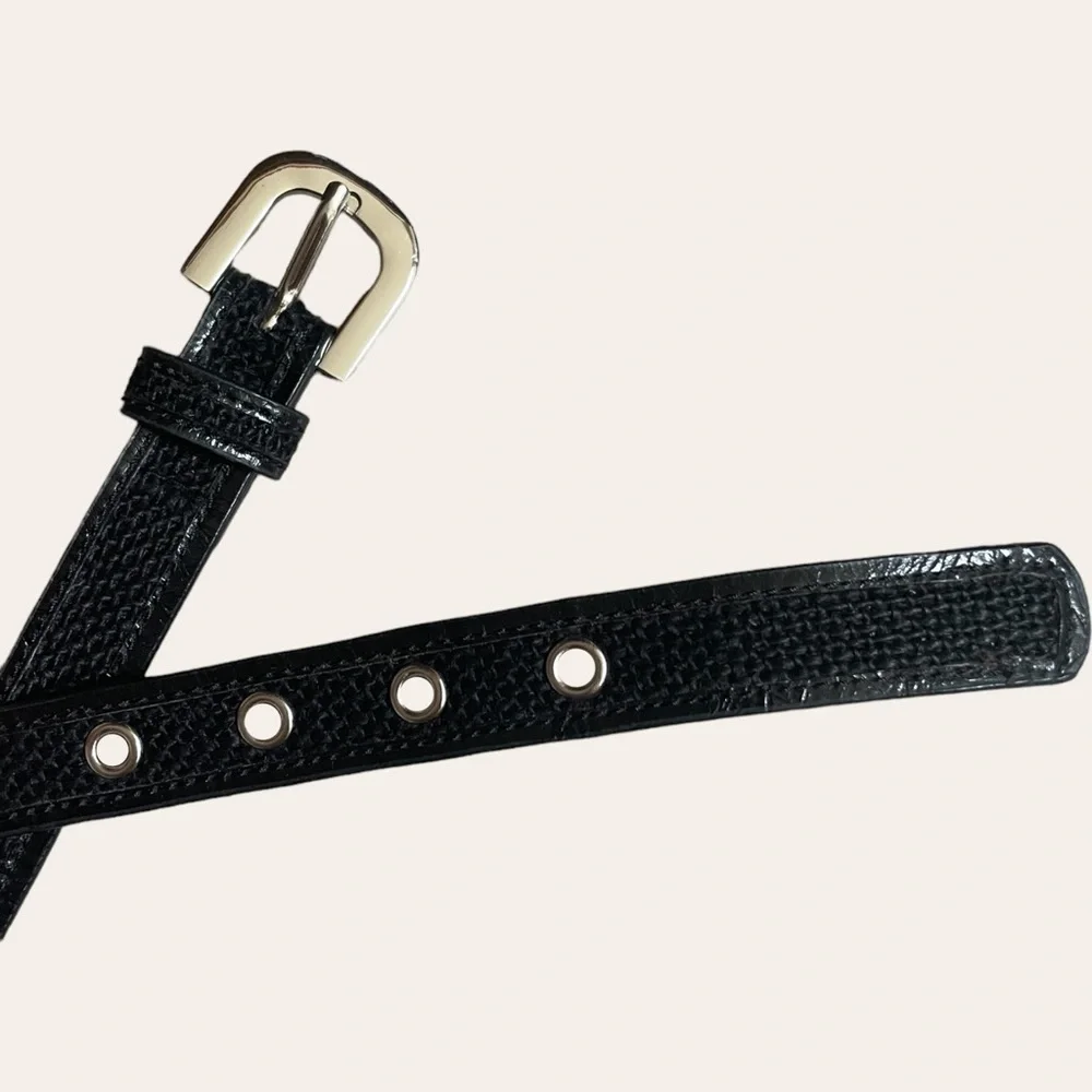 Via Spiga Black Fabric & Leather Slim Skinny Silver Buckle Belt Size S